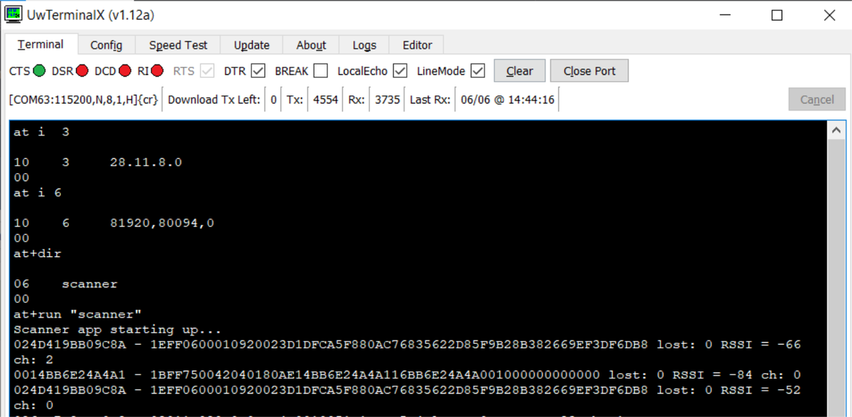 UwTerminalX showing the AT commands AT i 3, AT i 6 and AT+dir with the tinyTag responses
