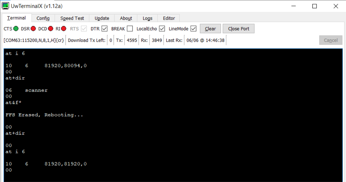 UwTerminalX showing the file system being erased with AT & f*