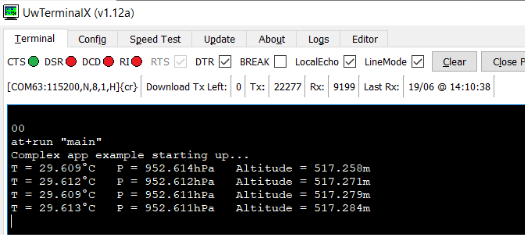 Terminal output of the complex application showing pressure, temperature and altitude values