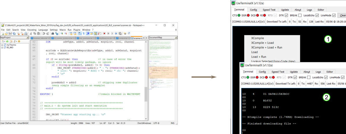 Editing an application in Notepad++ and compiling and loading it from UwTerminalX