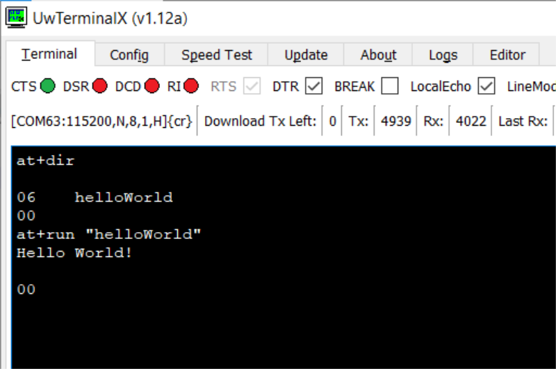 UwTerminalX output after running the helloWorld application