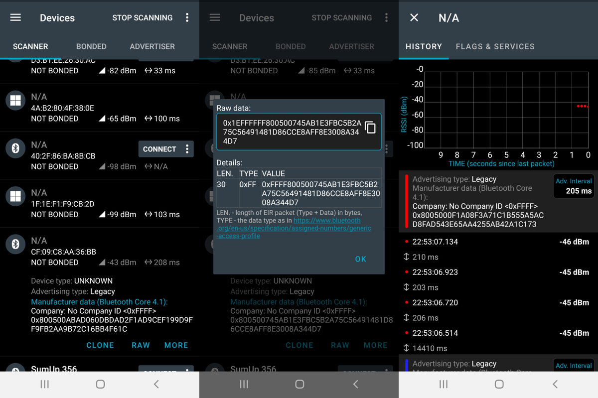 Three nRF Connect screenshots: device scan list, raw advertising data and the history of transmitted data