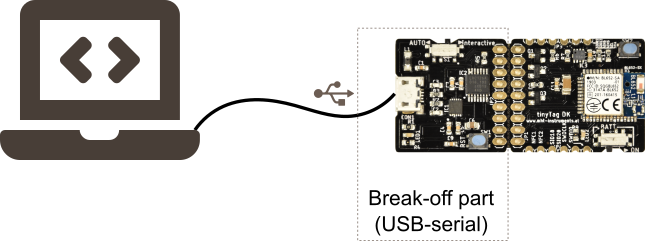 A tinyTag board connected to a PC with a USB cable