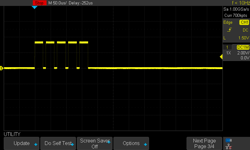 Oscilloscope capture of five pulses on the SIO_20 pin