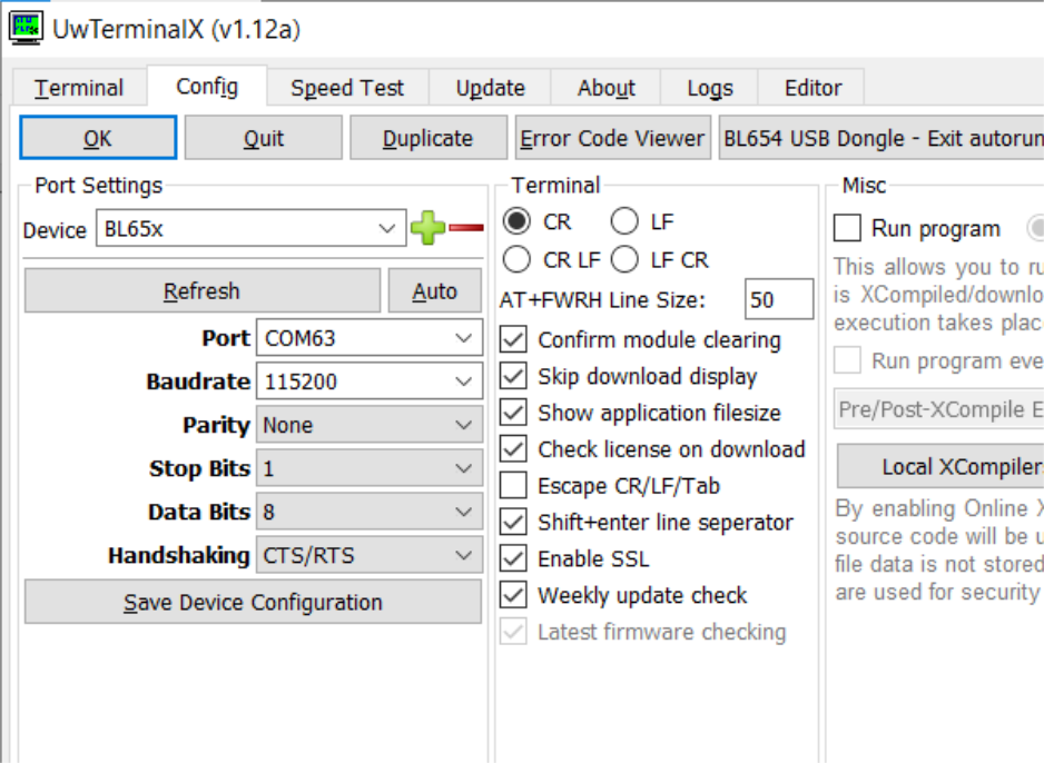 The UwTerminalX configuration screen with COM port and communication parameters